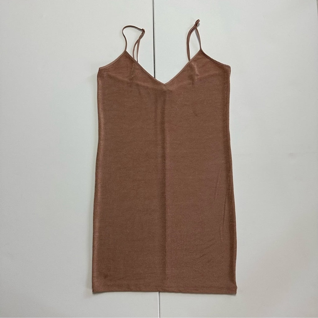 Zara Tan Silky Spaghetti Adjustable Strap Dress V-neckline Women Small