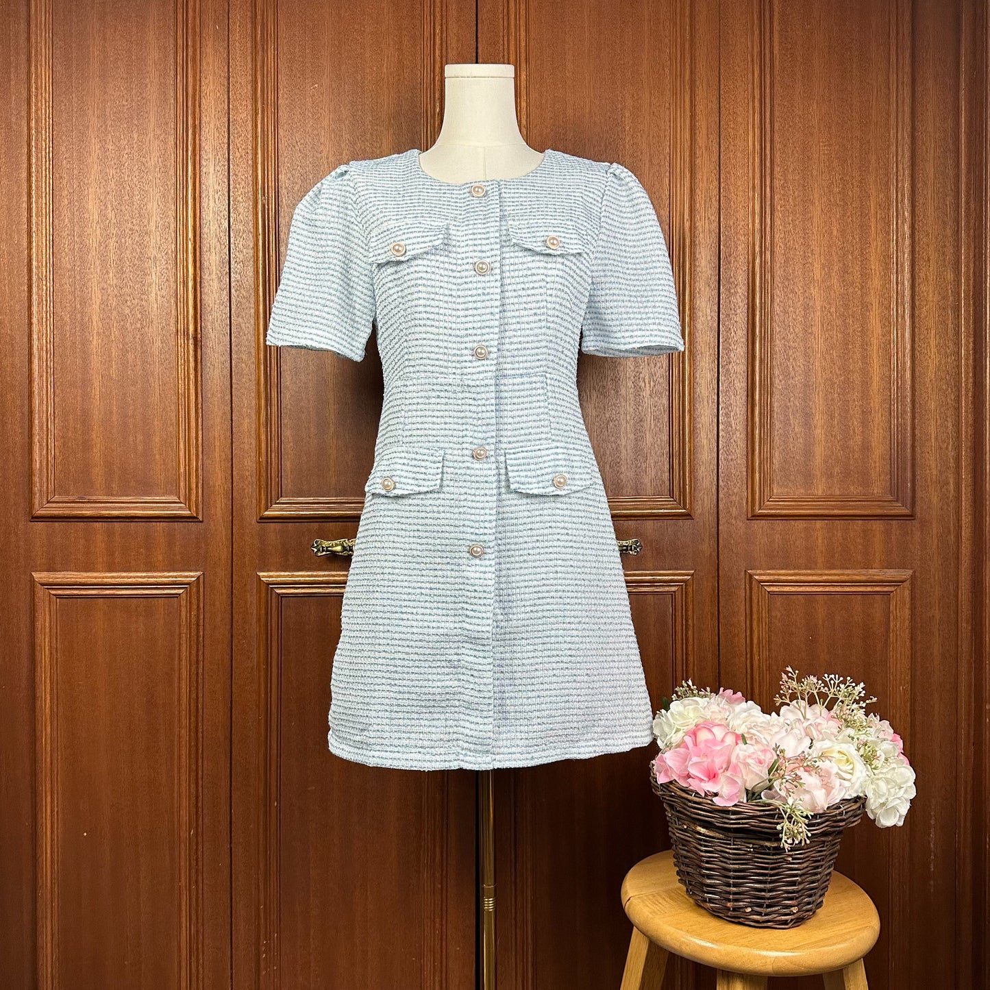 Rosé Blue Tweed Puff Sleeves Faux Pearl Mini Dress