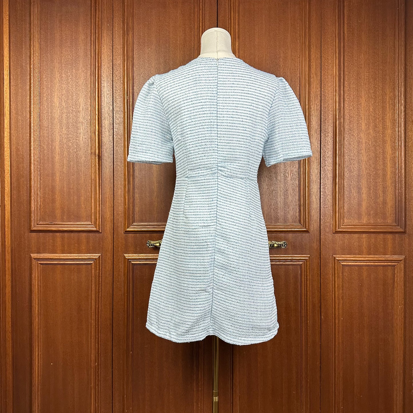 Rosé Blue Tweed Puff Sleeves Faux Pearl Mini Dress