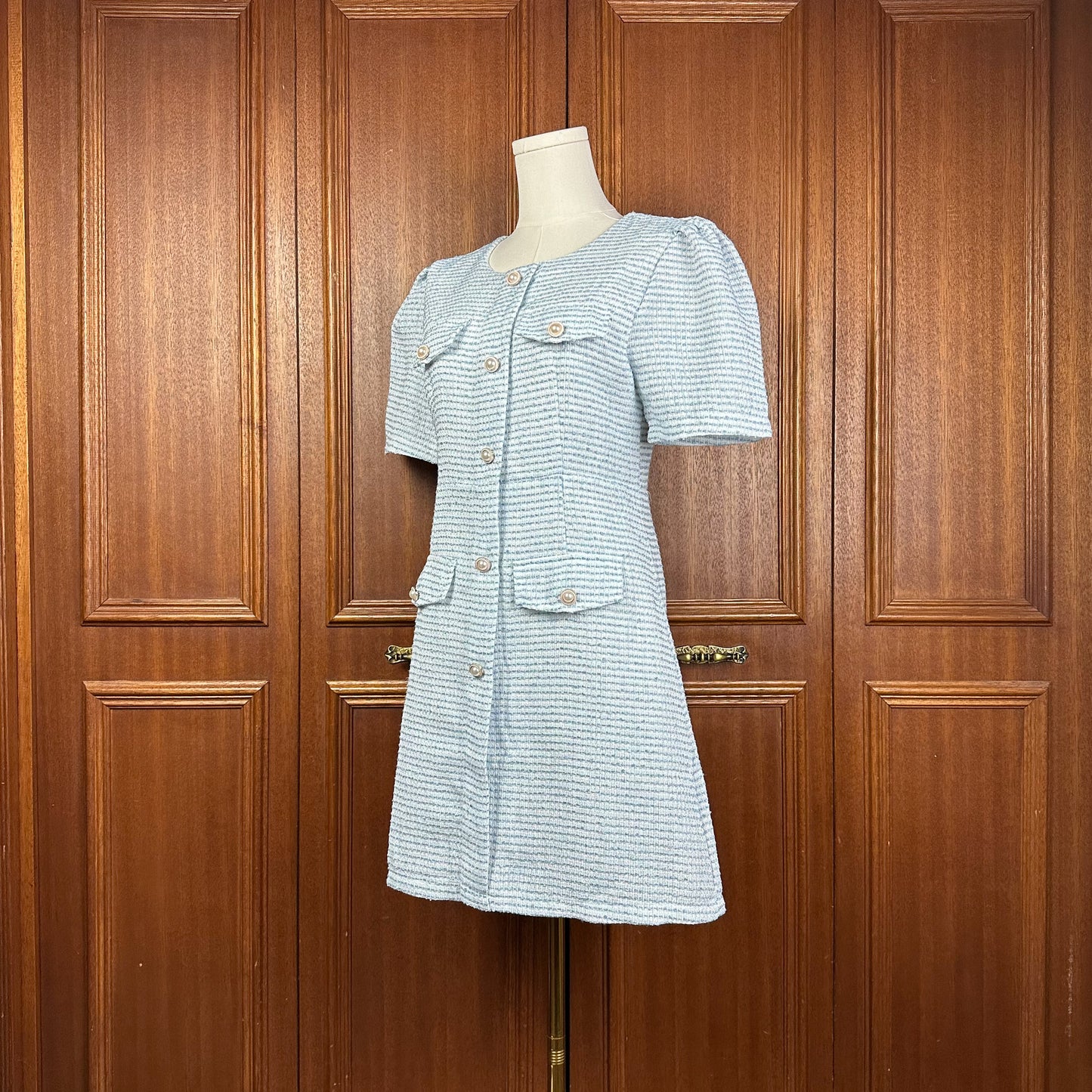 Rosé Blue Tweed Puff Sleeves Faux Pearl Mini Dress