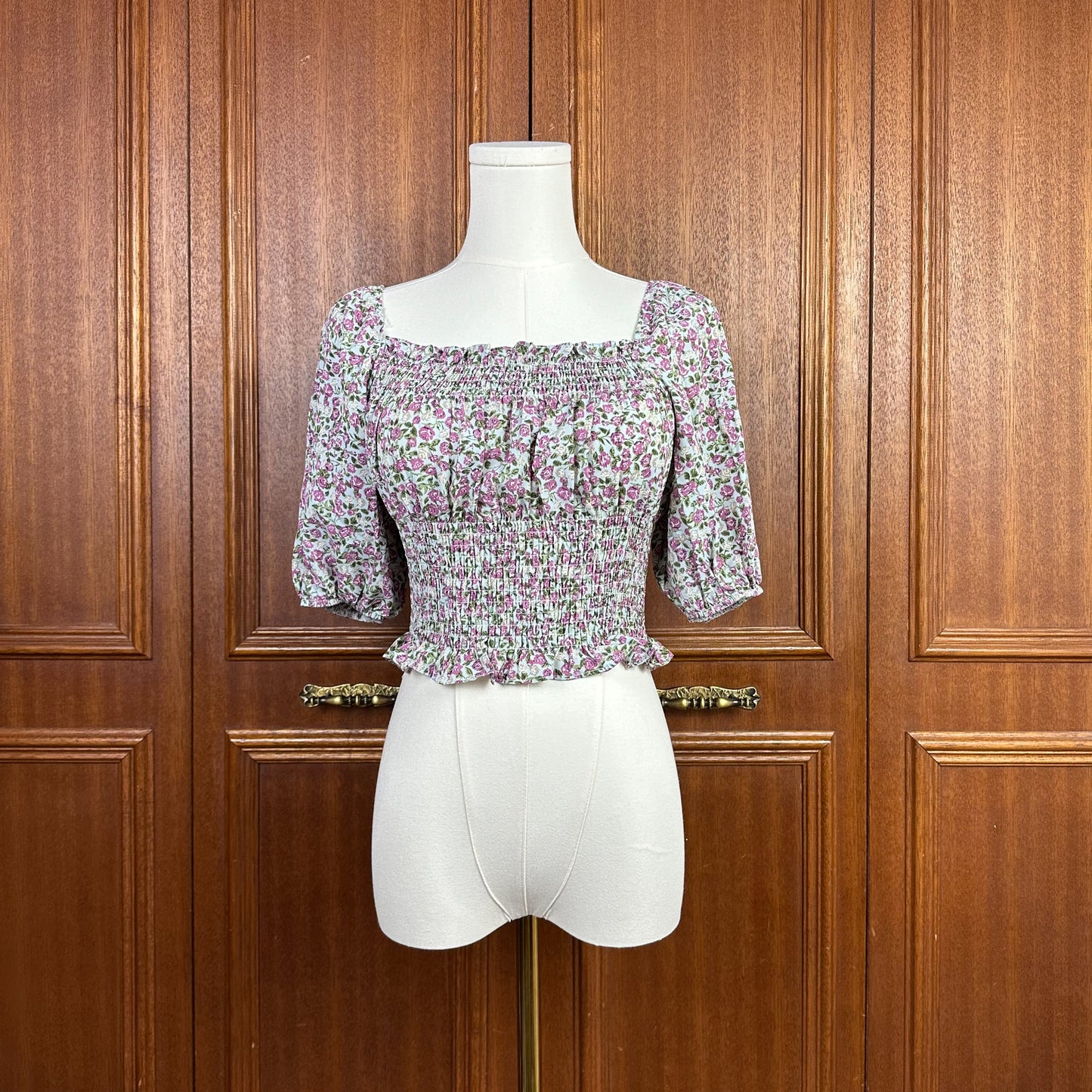 Floral Puff Sleeves Smock Detail Cropped Top Women Blouse