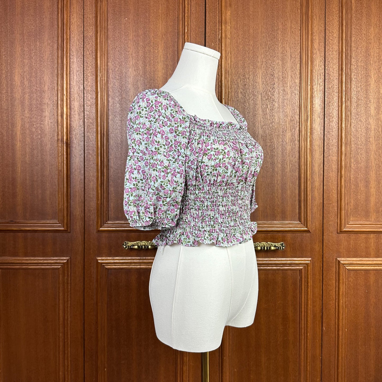Floral Puff Sleeves Smock Detail Cropped Top Women Blouse