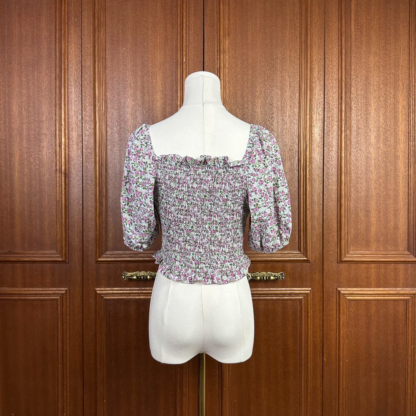 Floral Puff Sleeves Smock Detail Cropped Top Women Blouse