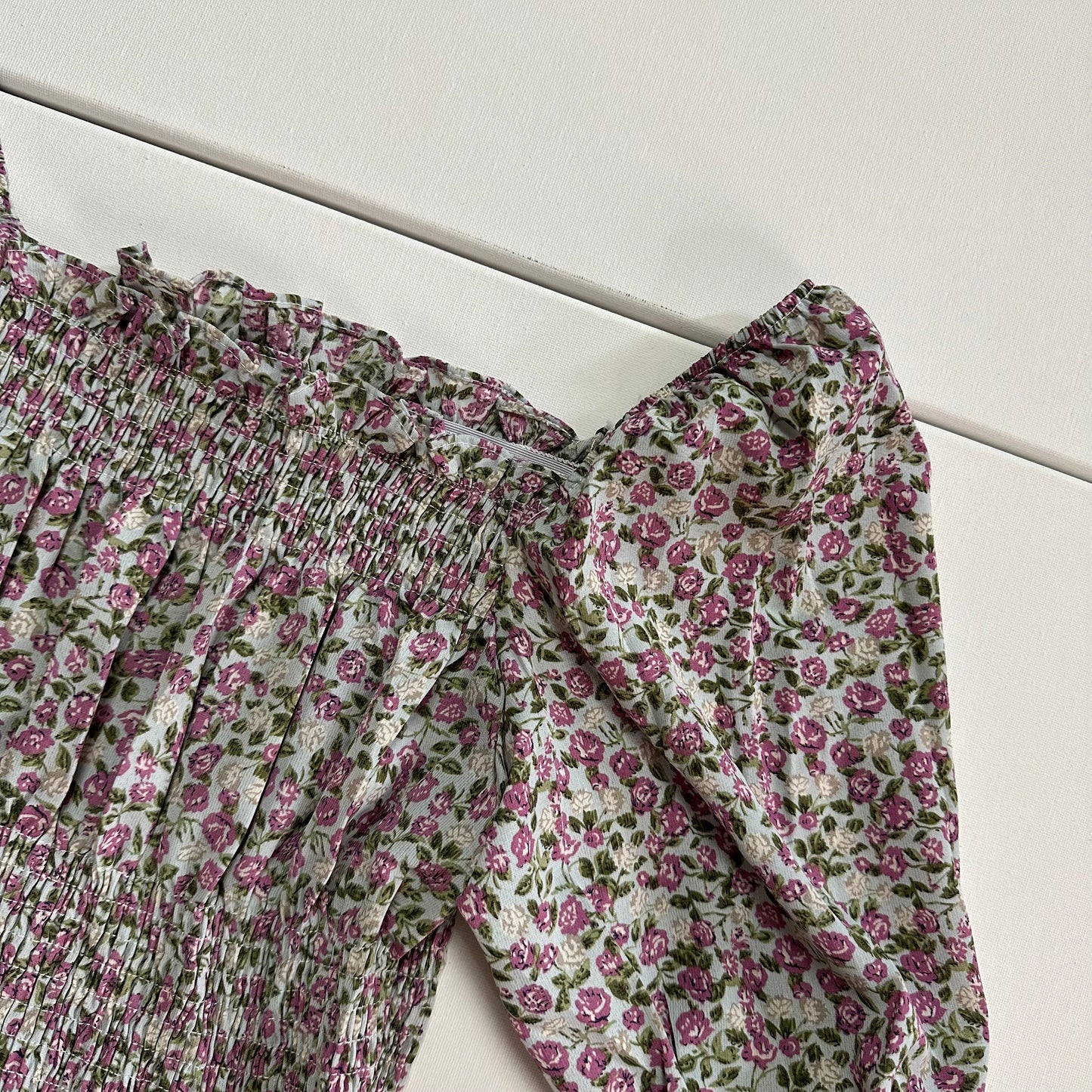 Floral Puff Sleeves Smock Detail Cropped Top Women Blouse