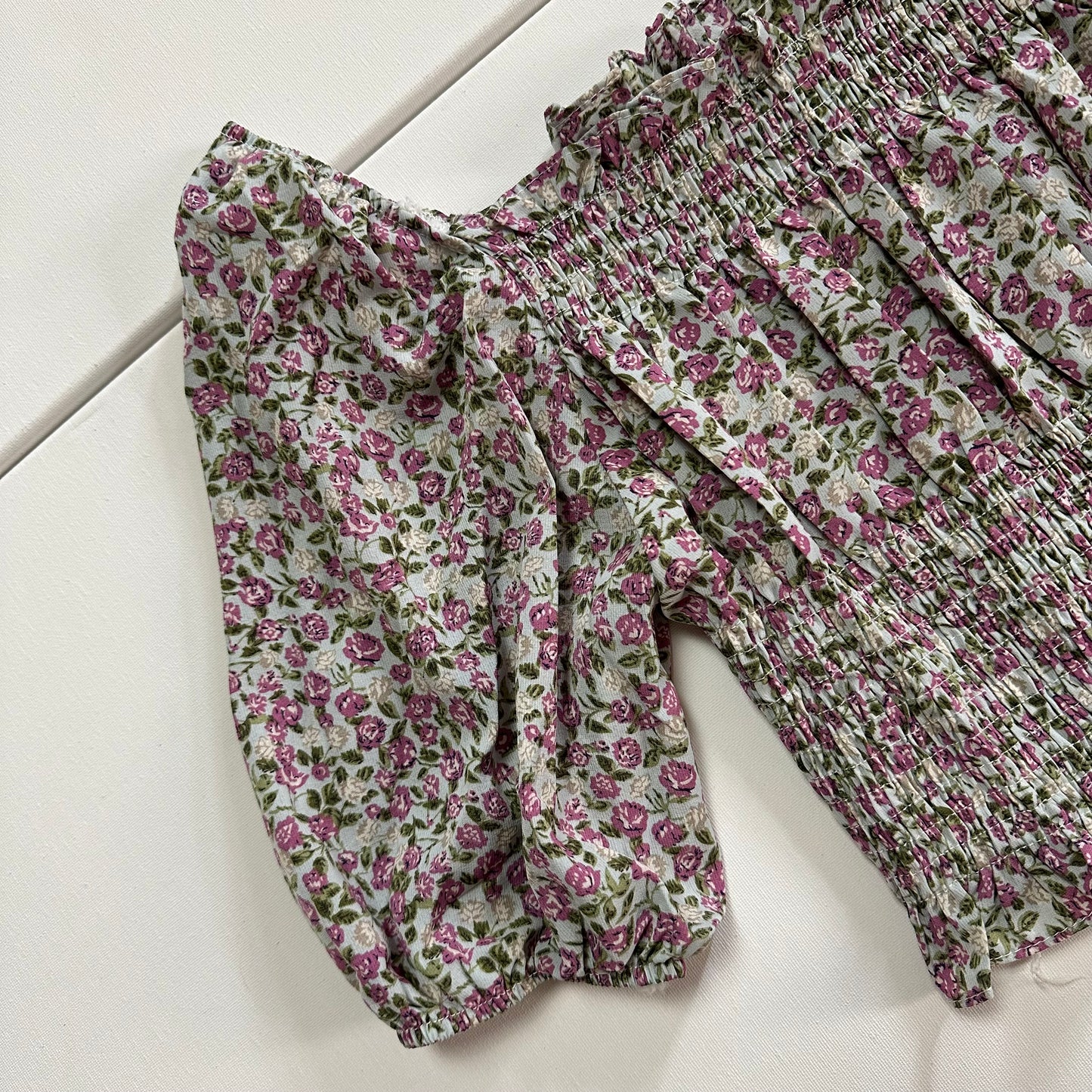 Floral Puff Sleeves Smock Detail Cropped Top Women Blouse