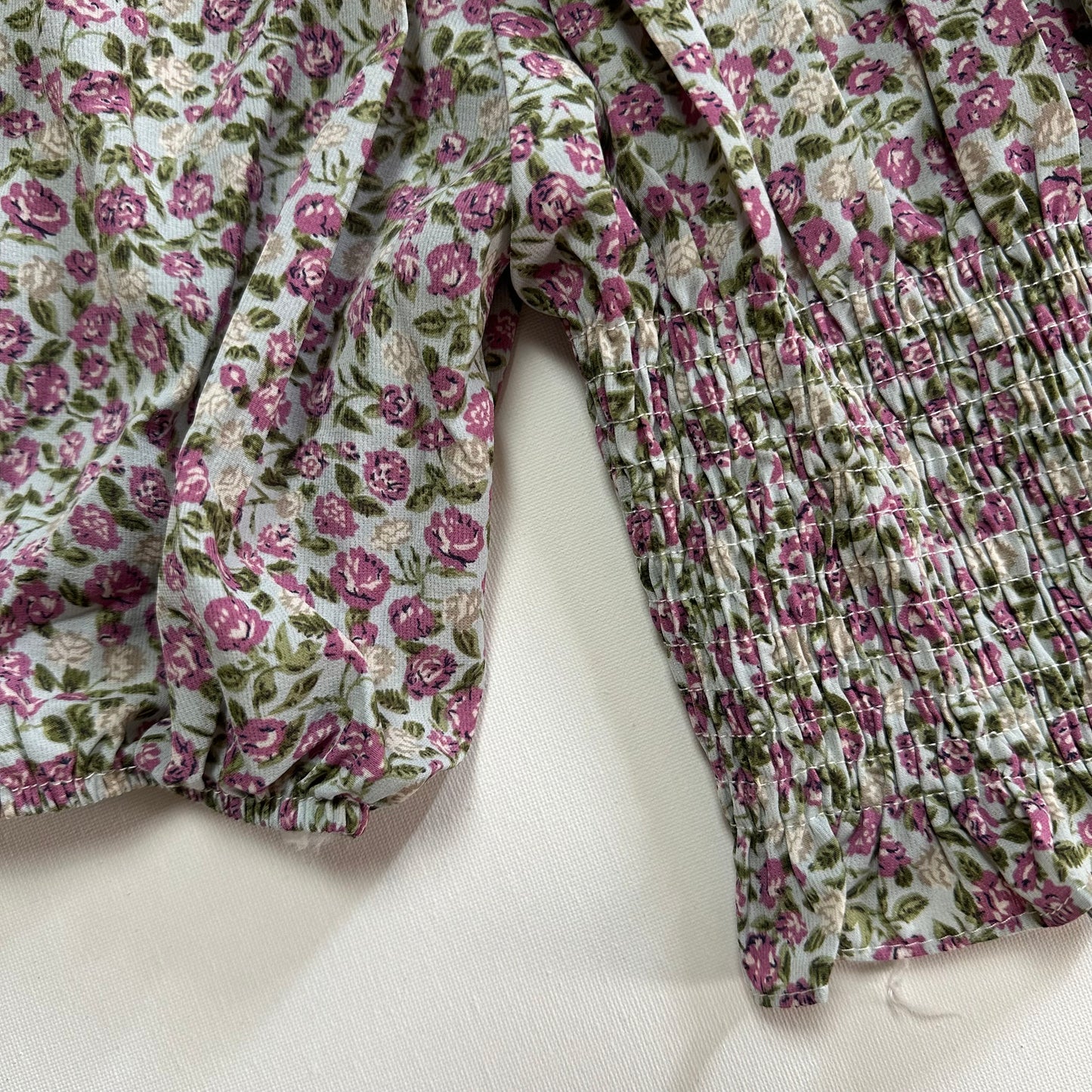 Floral Puff Sleeves Smock Detail Cropped Top Women Blouse