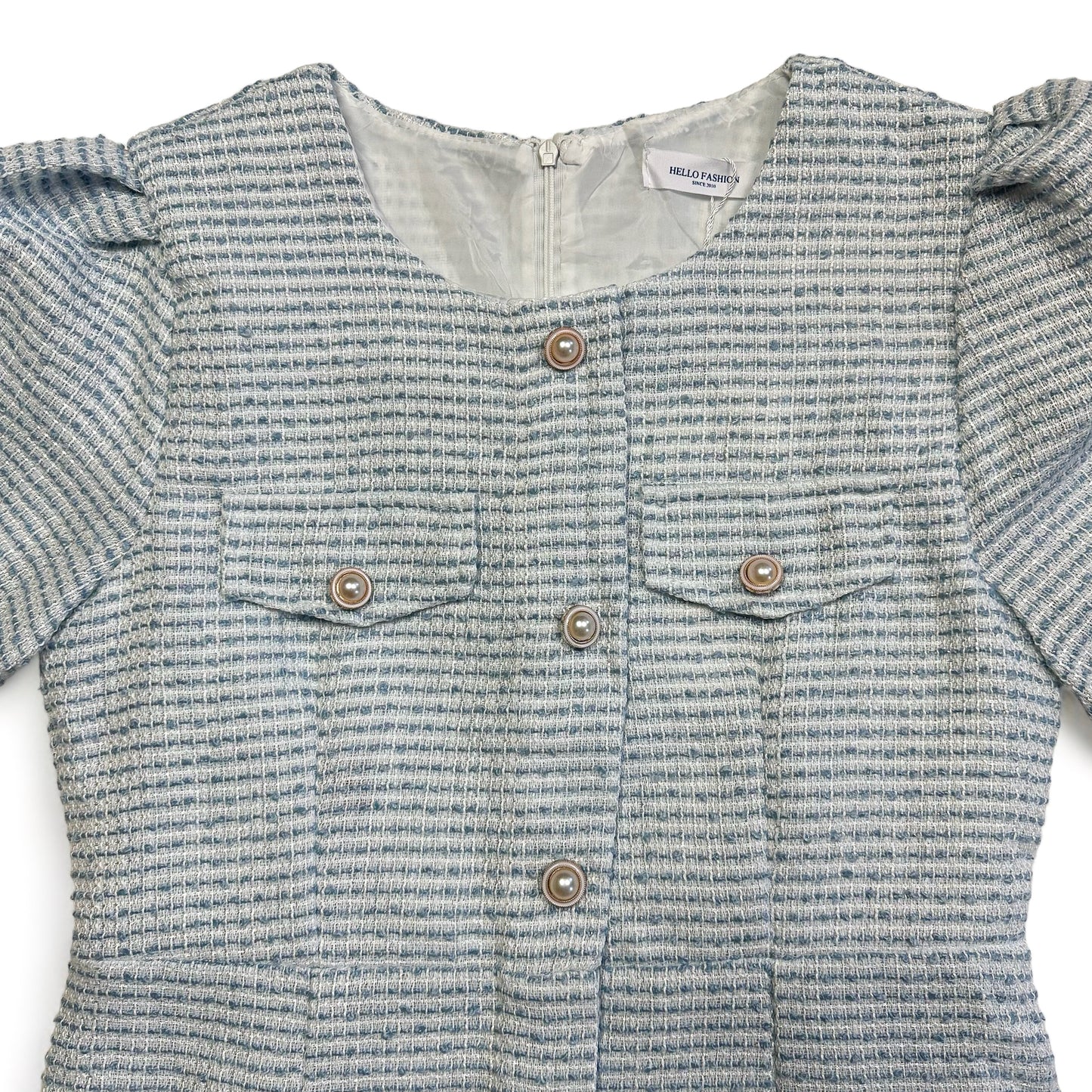 Rosé Blue Tweed Puff Sleeves Faux Pearl Mini Dress