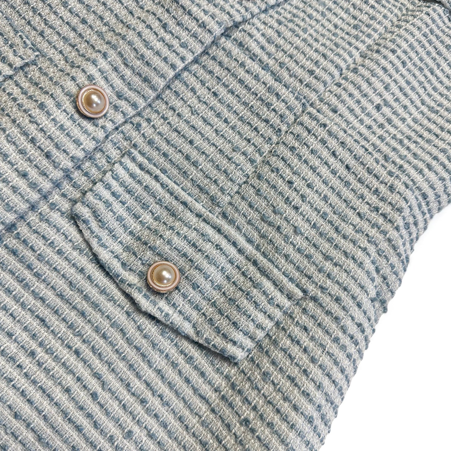 Rosé Blue Tweed Puff Sleeves Faux Pearl Mini Dress