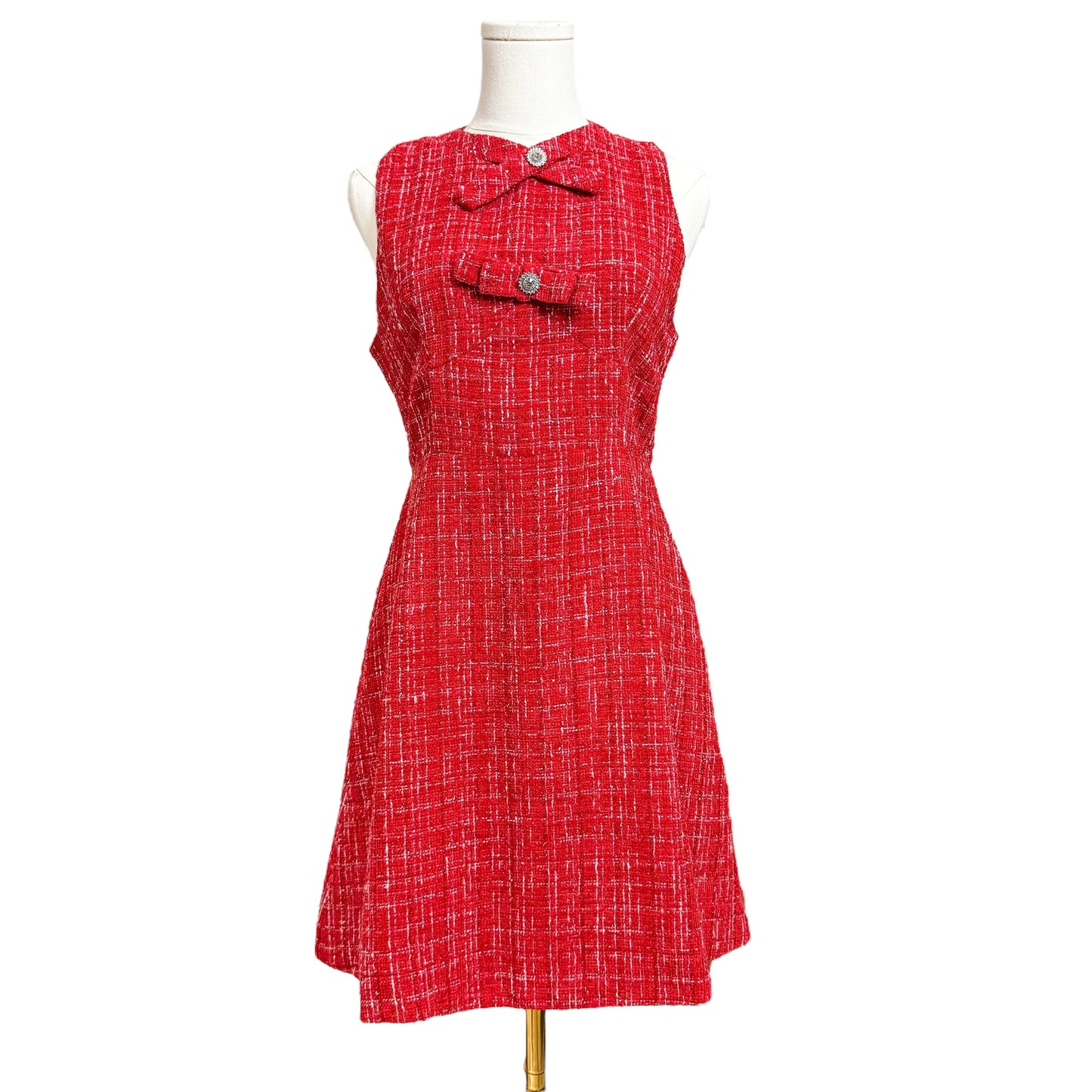 Sparkly Red Plaid Tweed Sleeveless Dress with Ribbon and Crystal Emblem Women Size Small