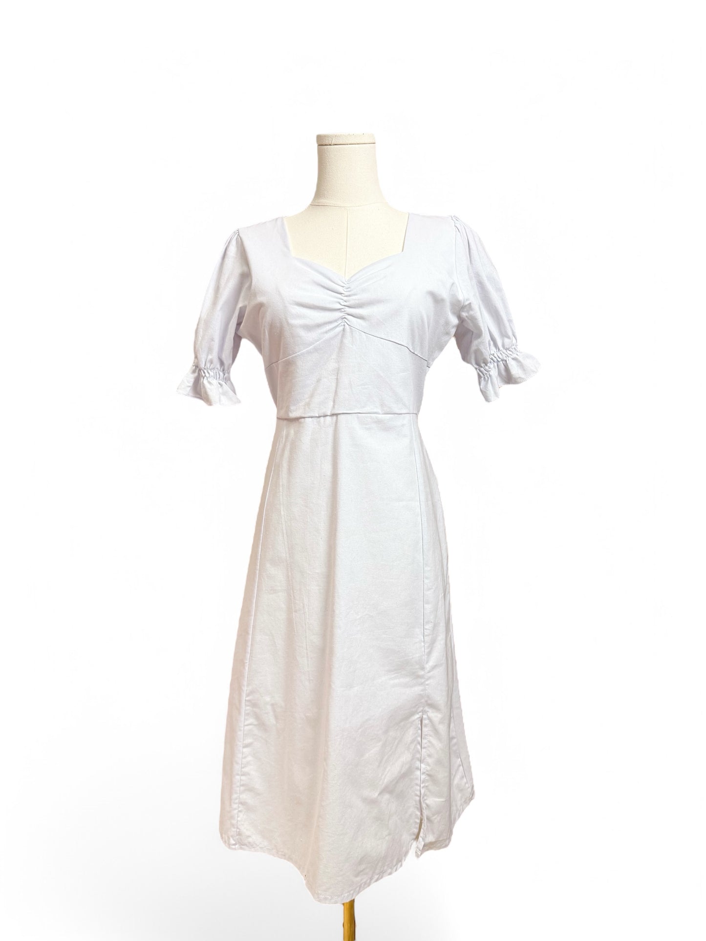 White Puff Sleeves Sweetheart Neckline Cotton Midi Dress Women Size Medium