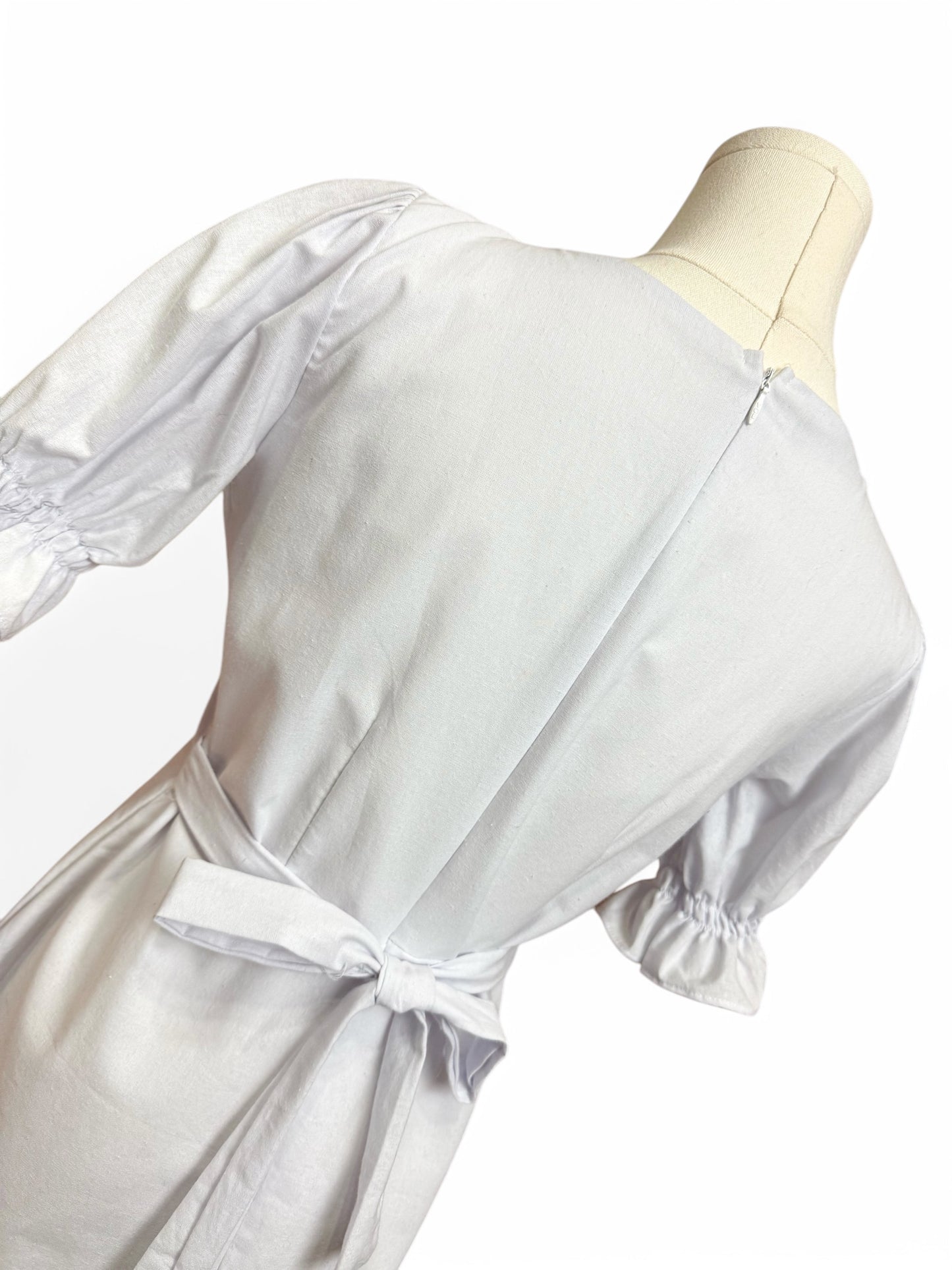White Puff Sleeves Sweetheart Neckline Cotton Midi Dress Women Size Medium