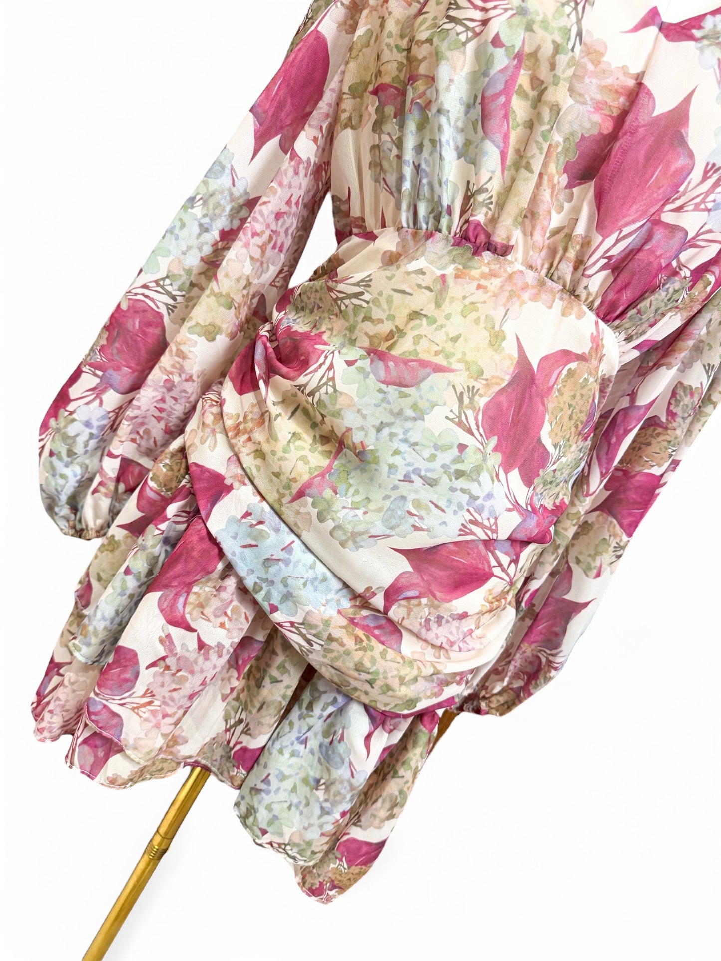 Floral V Neckline Cuff Sleeves Ruffle Skirt Chiffon Mini Dress Women Size Medium