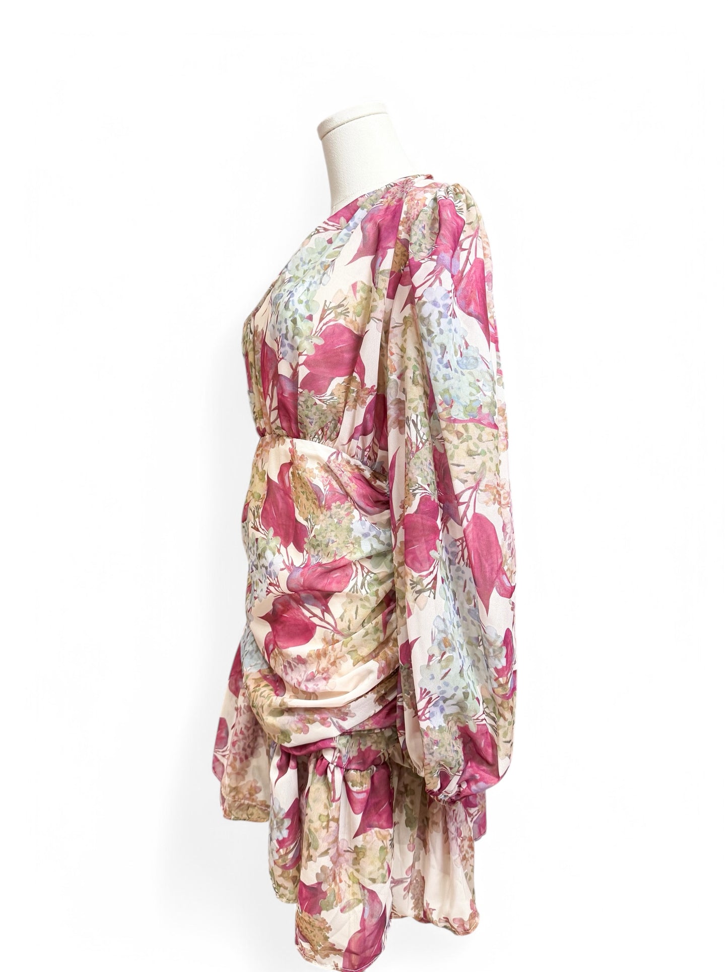 Floral V Neckline Cuff Sleeves Ruffle Skirt Chiffon Mini Dress Women Size Medium