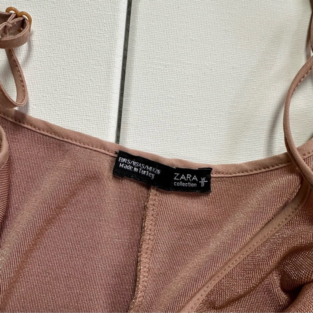 Zara Tan Silky Spaghetti Adjustable Strap Dress V-neckline Women Small
