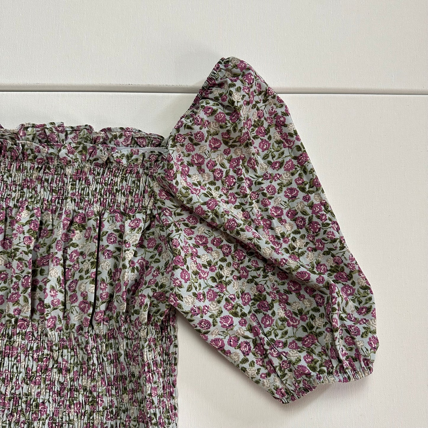 Floral Puff Sleeves Smock Detail Cropped Top Women Blouse