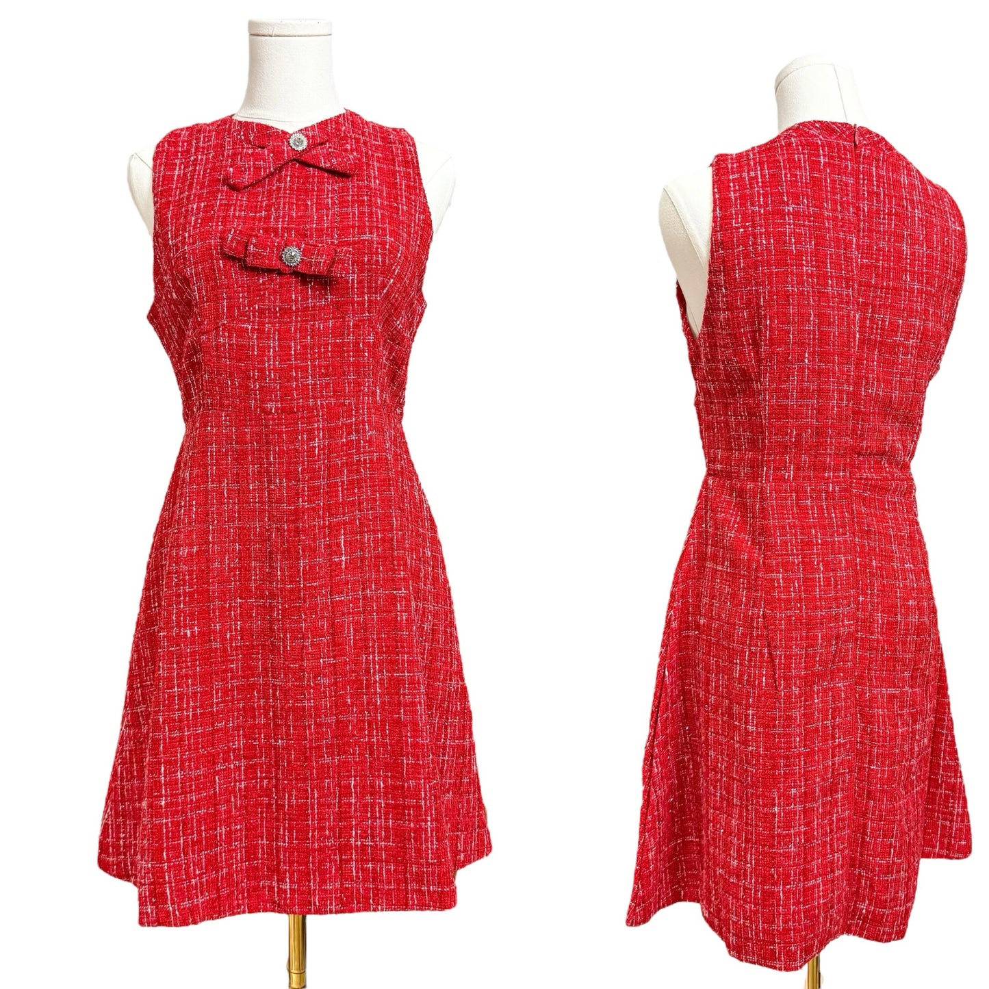 Sparkly Red Plaid Tweed Sleeveless Dress with Ribbon and Crystal Emblem Women Size Small