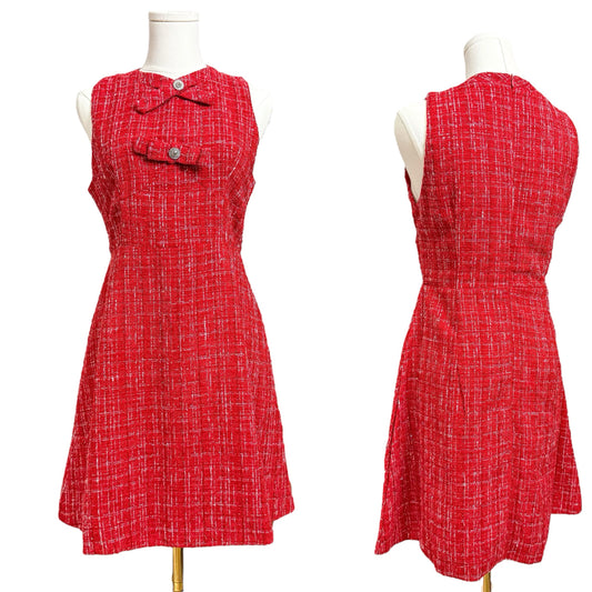 Sparkly Red Plaid Tweed Sleeveless Dress with Ribbon and Crystal Emblem Women Size Small