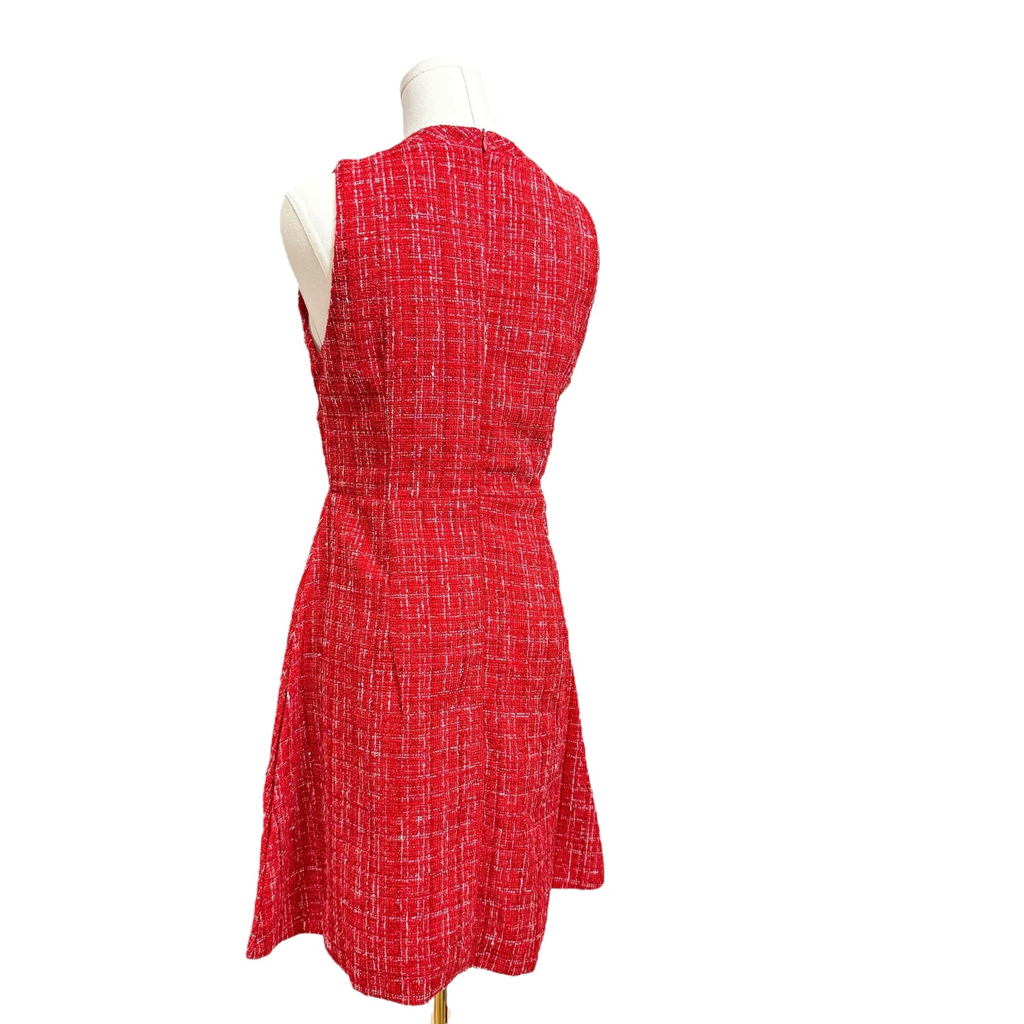 Sparkly Red Plaid Tweed Sleeveless Dress with Ribbon and Crystal Emblem Women Size Small