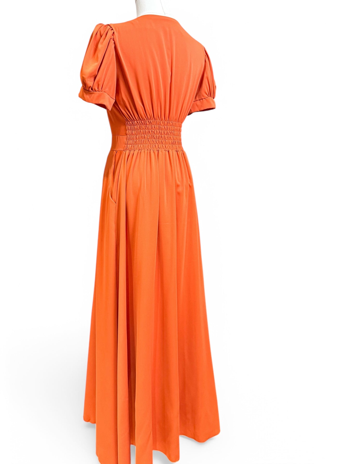 Orange Bustier Puff Sleeves Long Dress