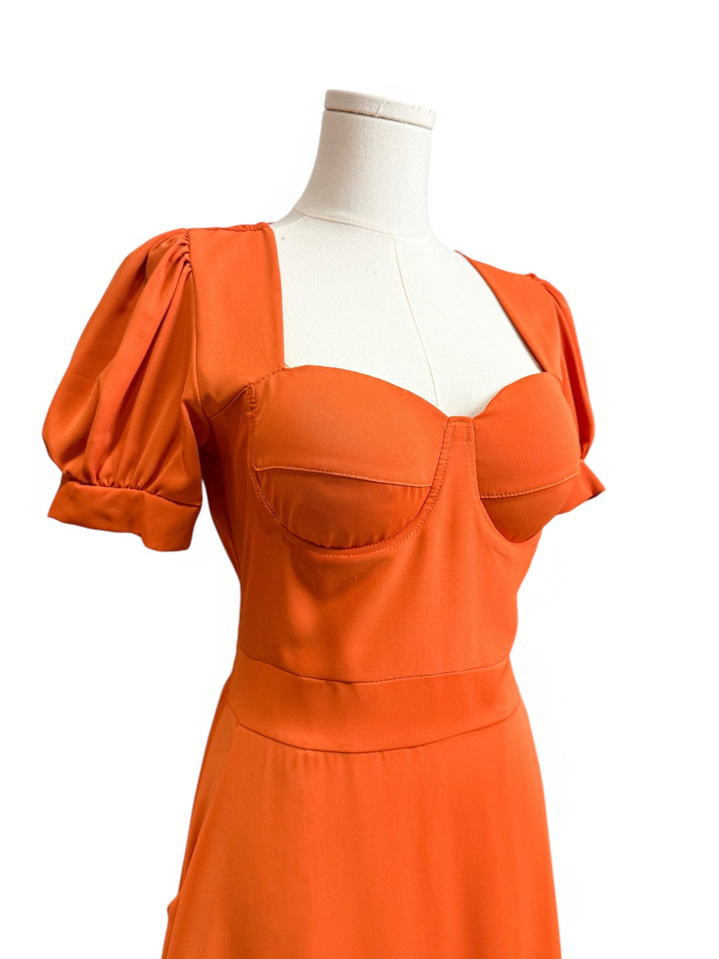 Orange Bustier Puff Sleeves Long Dress