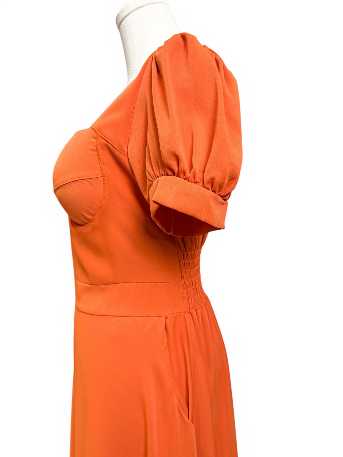 Orange Bustier Puff Sleeves Long Dress