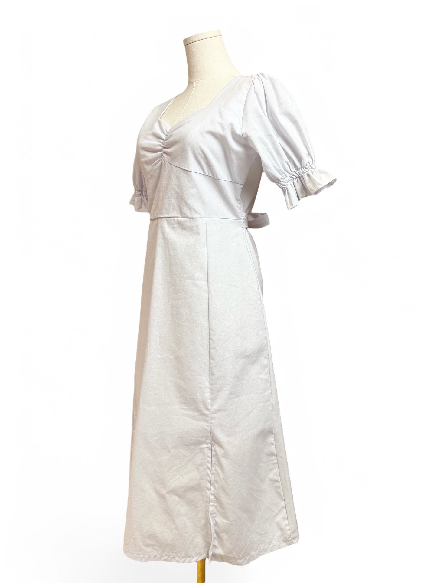 White Puff Sleeves Sweetheart Neckline Cotton Midi Dress Women Size Medium