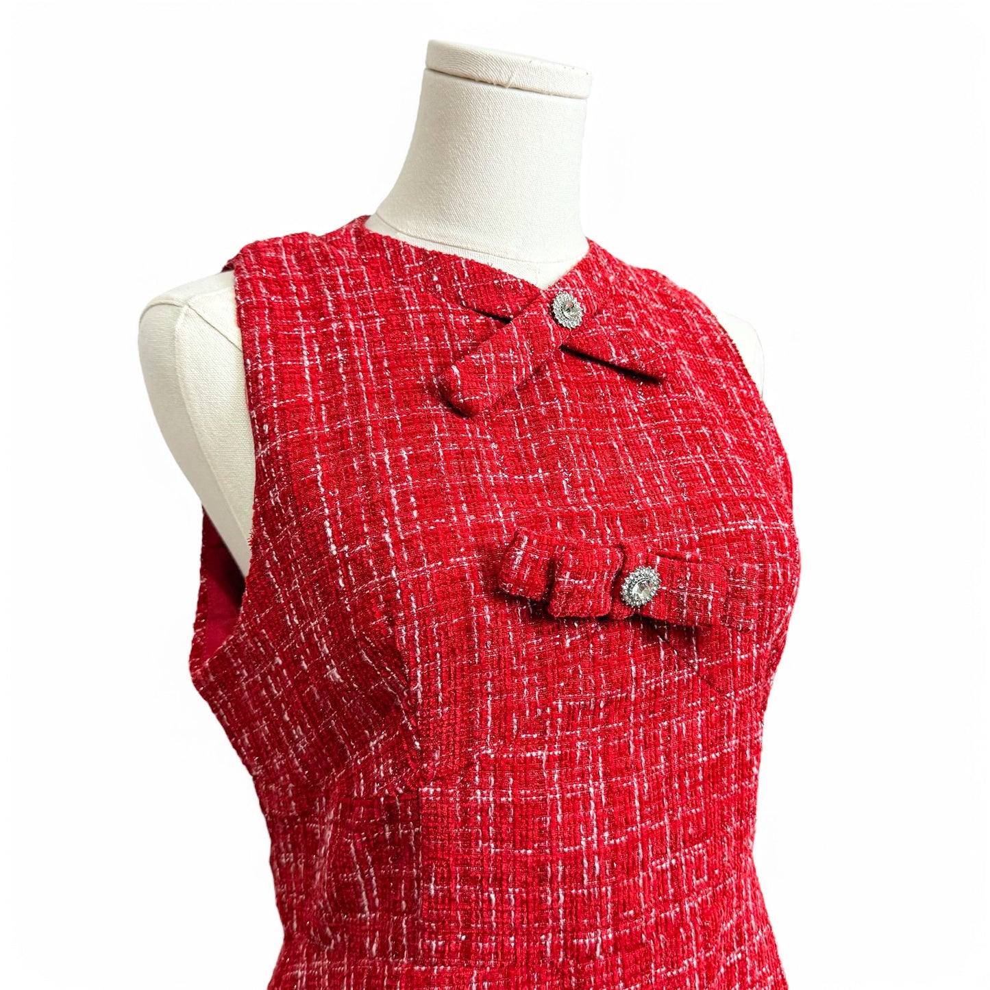 Sparkly Red Plaid Tweed Sleeveless Dress with Ribbon and Crystal Emblem Women Size Small