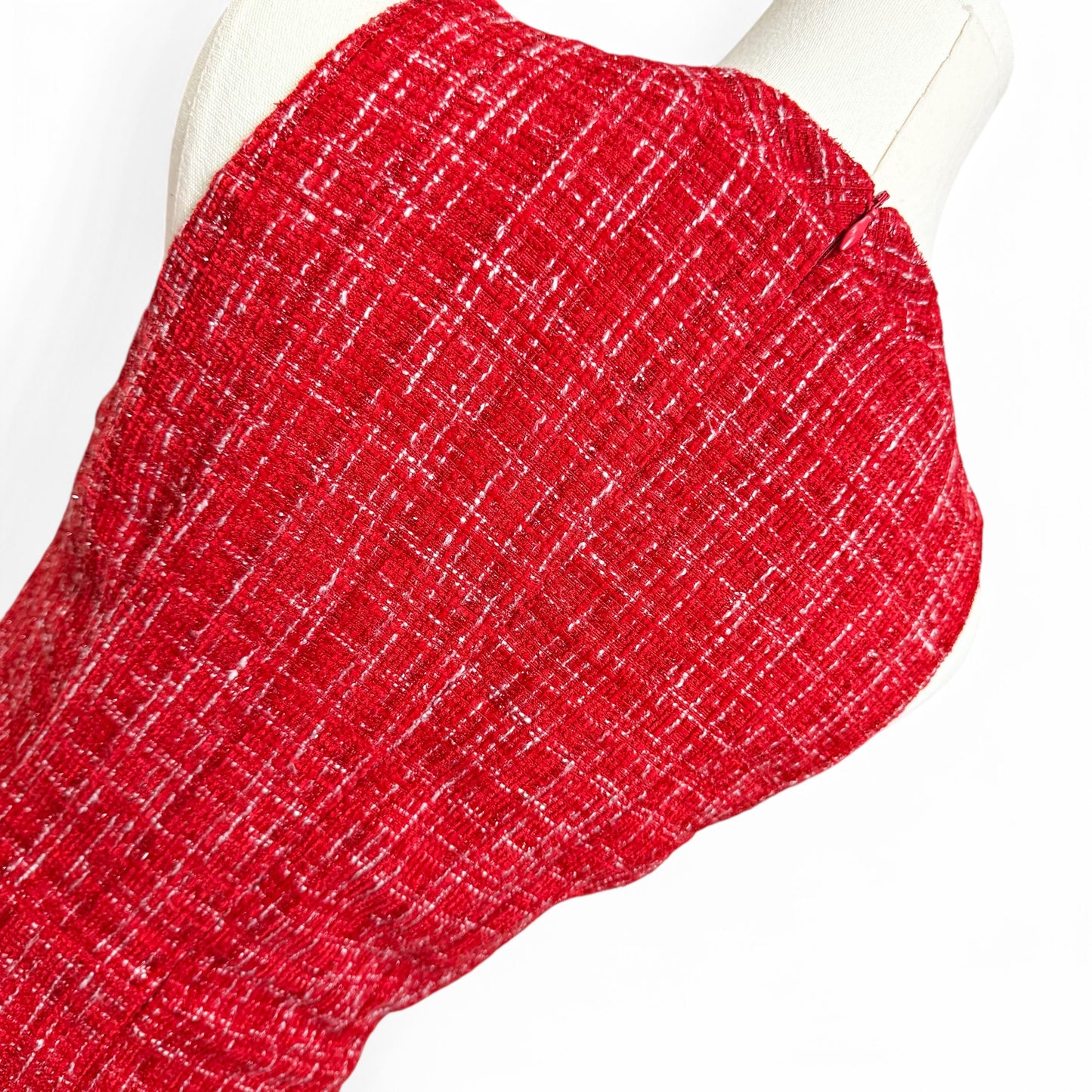 Sparkly Red Plaid Tweed Sleeveless Dress with Ribbon and Crystal Emblem Women Size Small