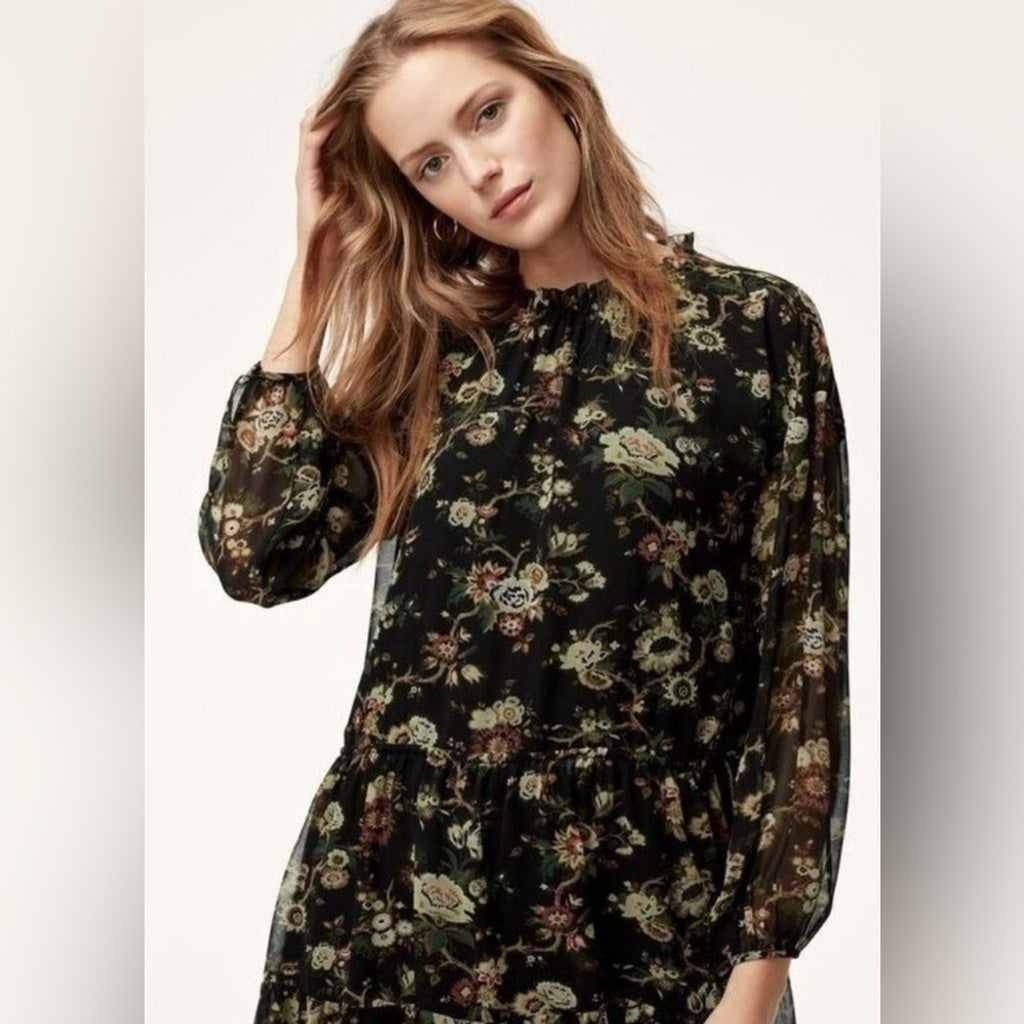 Aritzia Wilfred Lemare Black Floral Women Chiffon Ruffle Mini Dress Sz S