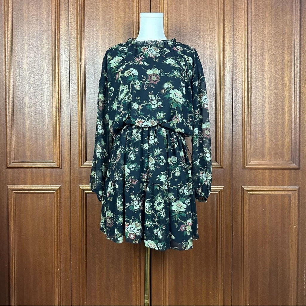 Aritzia Wilfred Lemare Black Floral Women Chiffon Ruffle Mini Dress Sz S